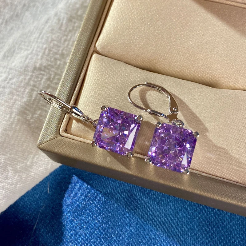 OEVAS de la Plata Esterlina 925 10*10mm Topacio de color Púrpura con Alto contenido de Carbono de Diamante Pendientes de la Gota Para las Mujeres Espumoso Parte de Joyería Fina 1
