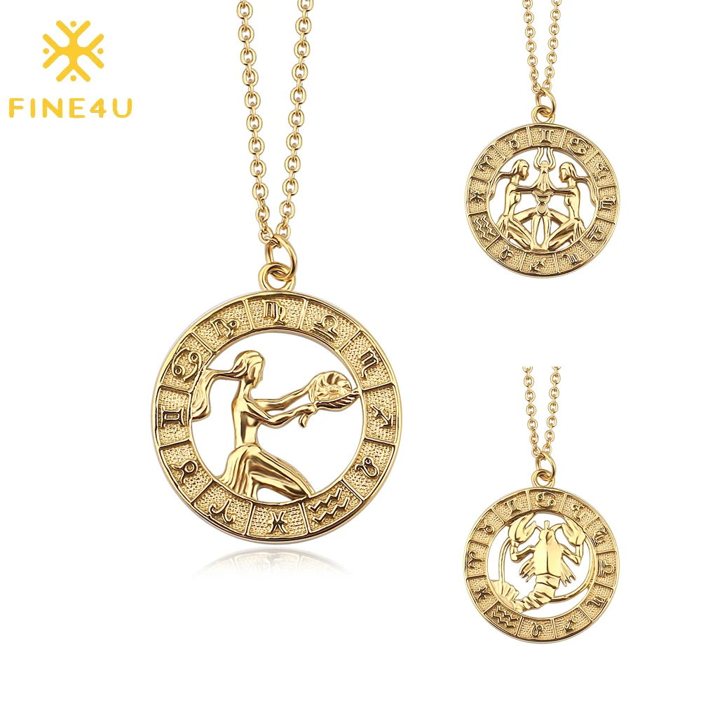 FINE4U N556 12 Horóscopo Signo del Zodiaco de Oro Colgante Collar de Acero Inoxidable de 12 Constelaciones del Collar para las Mujeres Regalos de Cumpleaños 1