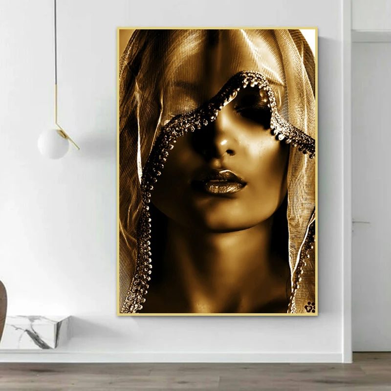 De oro de la Mujer Bajo el Turbante de Pintura al Óleo Lienzo de Oro Carteles y Grabados de Lujo Arte de Pared de Fotos para la Sala de estar quadro decorativo 1