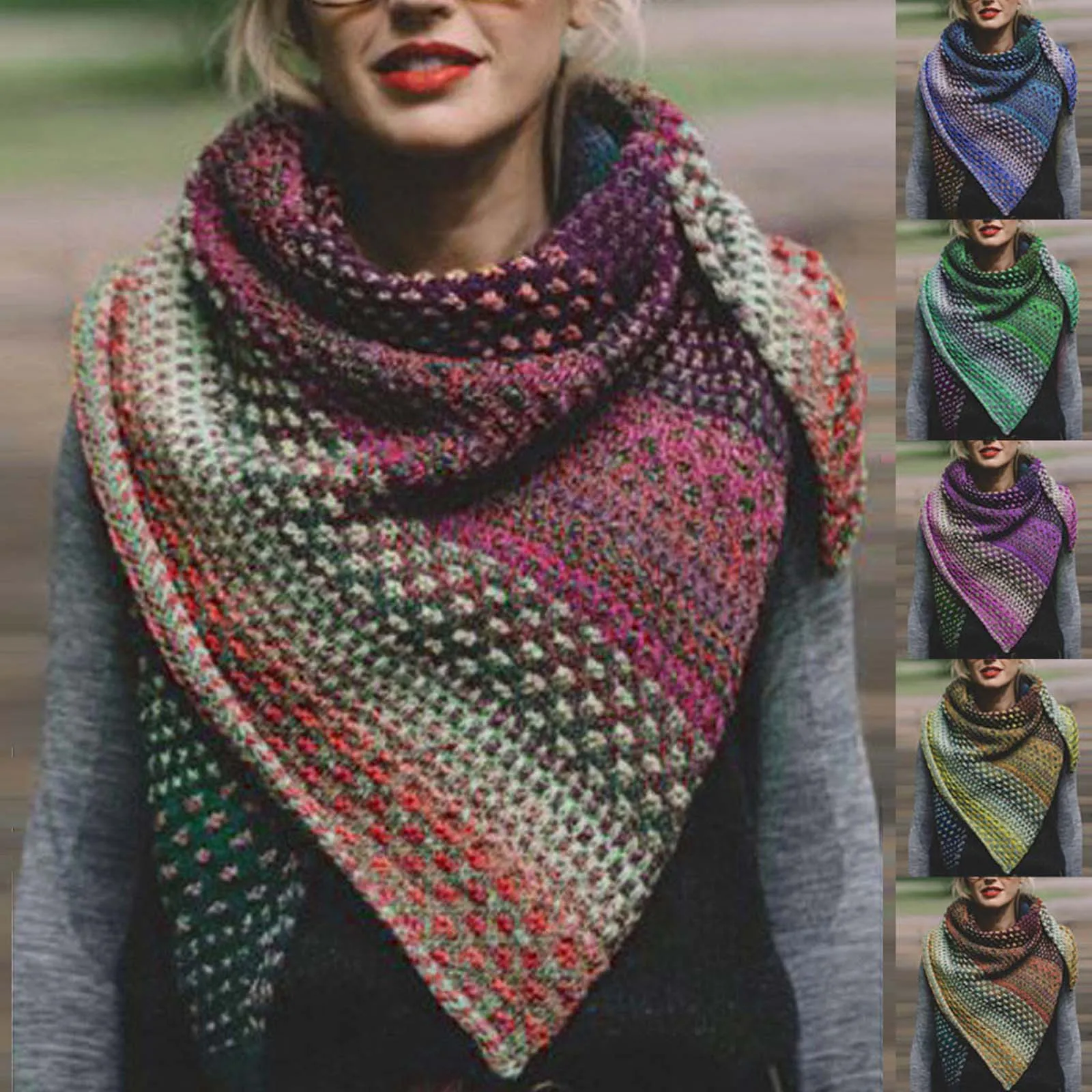 Las mujeres de Invierno Cálido Cara de Color Colorido Crochet Engrosamiento de punto Suave Chal Bufanda Vintage Otoño Plaid Bufanda Larga Chales шарф hiyab 1