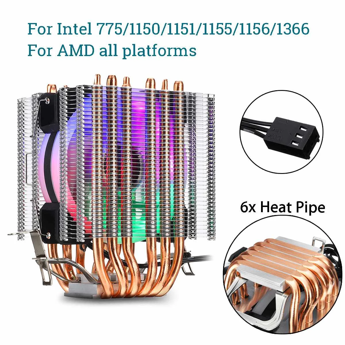 3/4 pines de la CPU Ventilador de Disipador de calor de Un 2/4/6 Heatpipe de Cobre RGB Fan Cooler De Intel 775/1150/1151/1155/1156/1366 y AMD Todas las Plataformas 1