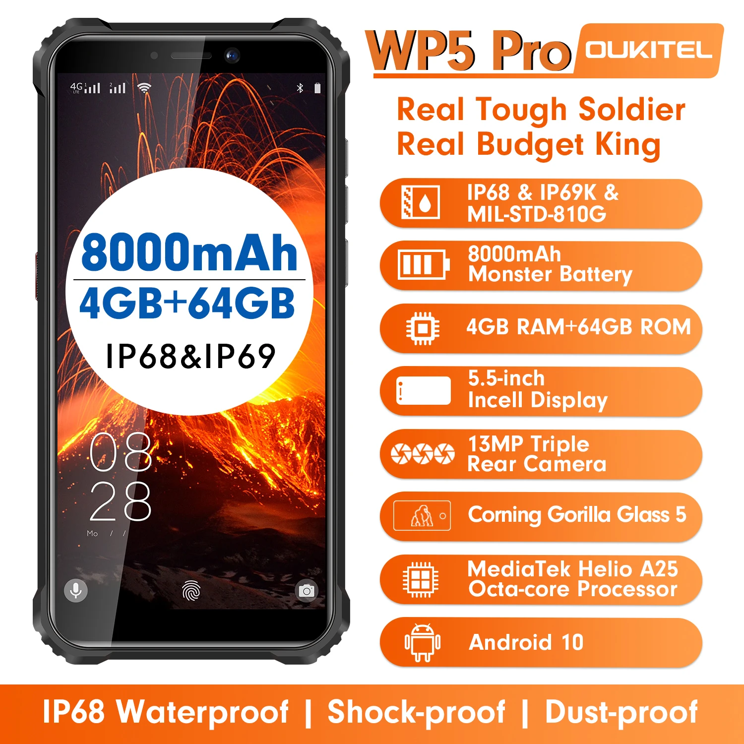 OUKITEL WP5 Pro IP68/IP69K Robusto Teléfono Móvil Impermeable Octa Core SmartPhone 5.5 Pulgadas Android 10.0 Helio A25 teléfono Móvil Dual SIM 1