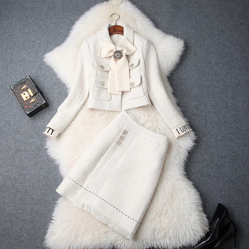 Otoño invierno de las mujeres del diseñador de tweed un conjunto de falda de las señoras OL elegante gran arco abrigos cortos + borla traje de falda conjunto de 2 piezas de conjunto y726 1