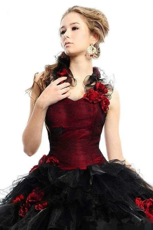 2019 Vintage Gótico de la boda vestidos de Novia de color Rojo y Negro Victoriano Vestido de Bola vestidos de novia Vestido de Ocasión robe de mariee 1