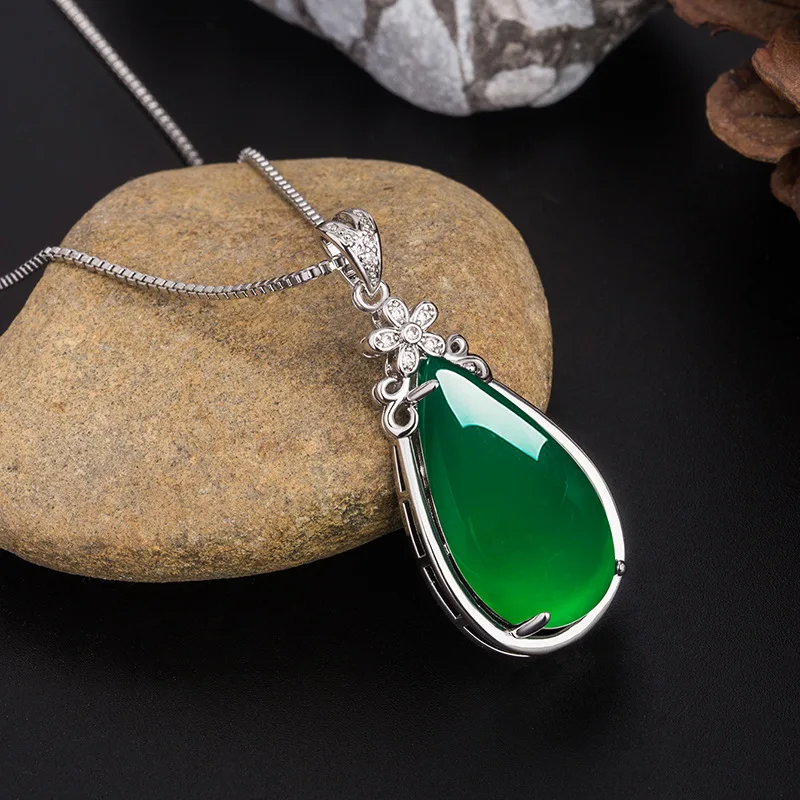 Natural Verde Jade, Ágata Gota de Agua Colgante de 925 Collar de Plata de China Tallada Encanto de la Joyería de la Moda de Amuleto para Mujeres Regalos 1