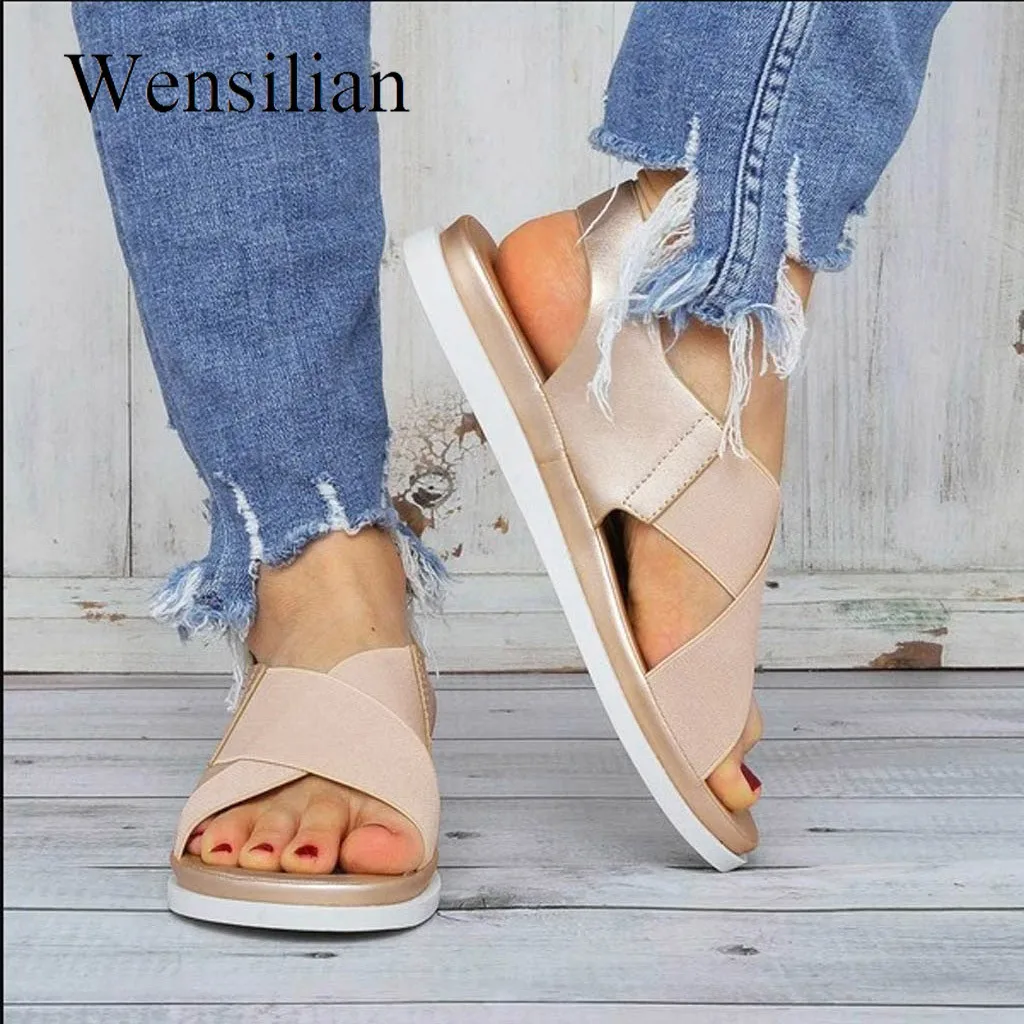 Verano Sandalias Para Mujer Elástica Textil Empalme Sandalias Planas De Playa Casual Zapatos Clásicos Antideslizante Sandalia Feminina 2020 1