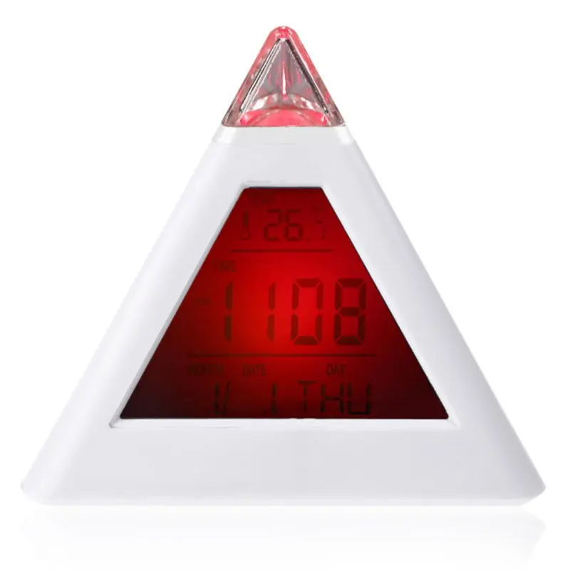 7 LED Cambia de Colores Pirámide LCD Digital de la Repetición de la Alarma del Reloj de Tiempo de los Datos de la Semana de la Temperatura Termómetro C/f Hora Inicio AB 1