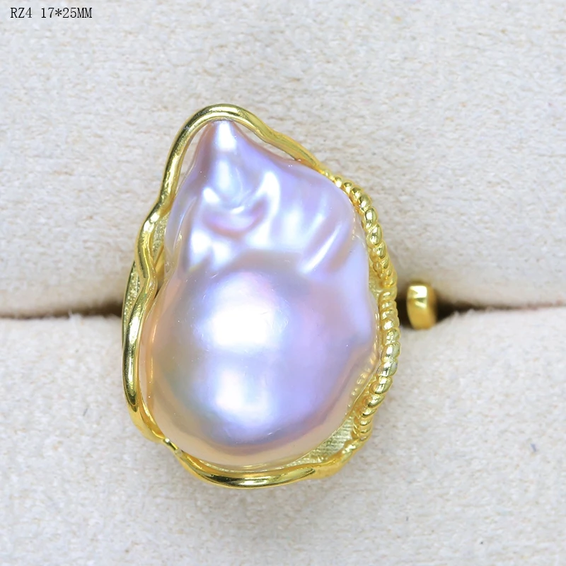 BaroqueOnly de alto brillo blanco perla barroca anillos ajustables naturales, grandes perlas hechas a mano de la joyería 925 de plata esterlina RZ 1