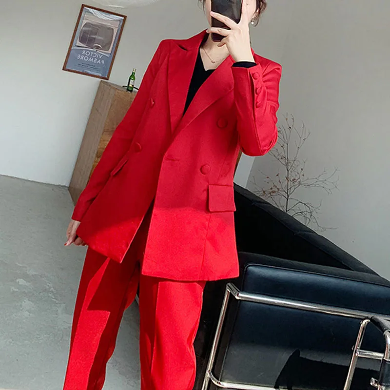 BGTEEVER Moda Rojo de las Mujeres Chaqueta de Traje de Doble botonadura Slim Mujer Chaqueta de Pantalón de Traje OL Estilo de 2 Piezas de Conjunto de las Mujeres Blazer Conjunto de 2020 1