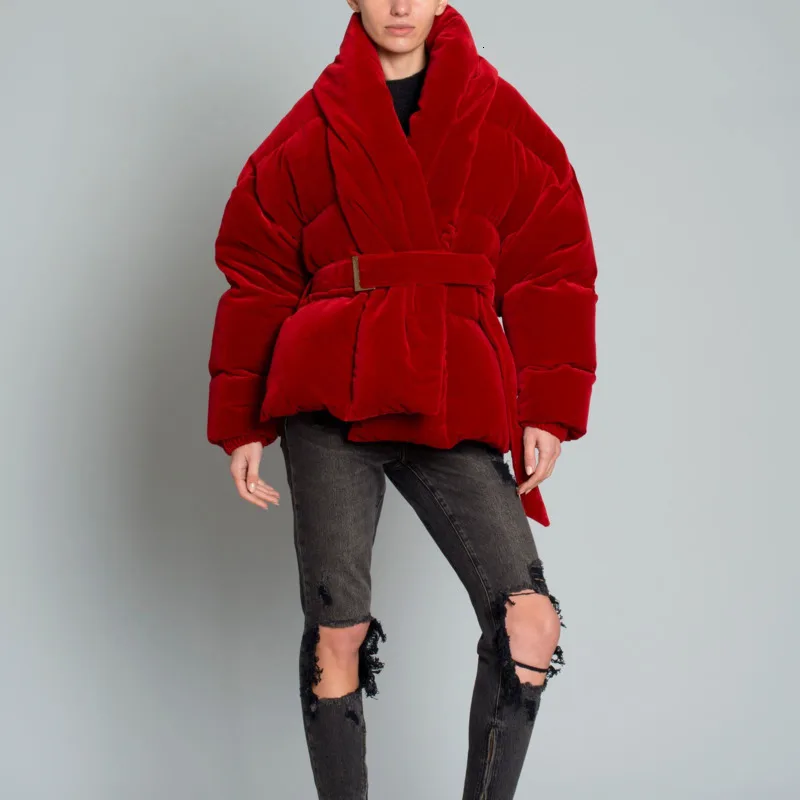 DEAT 2020 nueva moda de invierno de las mujeres de la ropa de Algodón acolchado Ropa de vino de color rojo correas de cintura ajustada 19F-a137-03 1