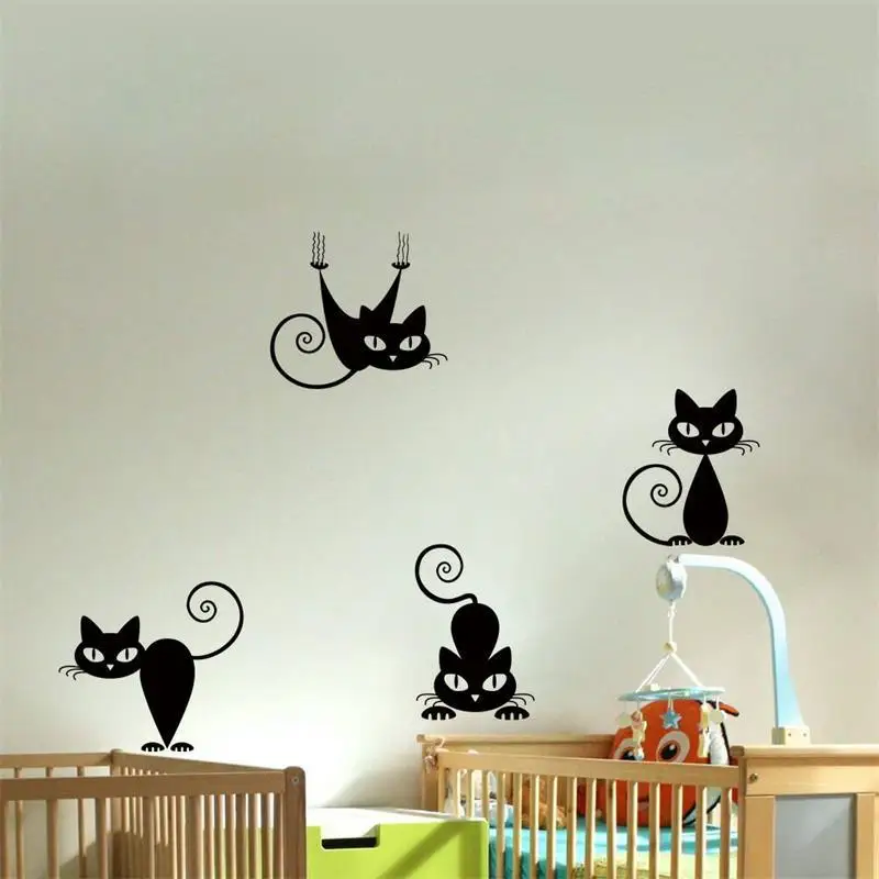 Lindo pegatinas de pared de 4 gatos colgar en la pared de la habitación de los niños pegatinas de pared de la sala de juego para la sala de estar parte de la decoración Mural de arte 1