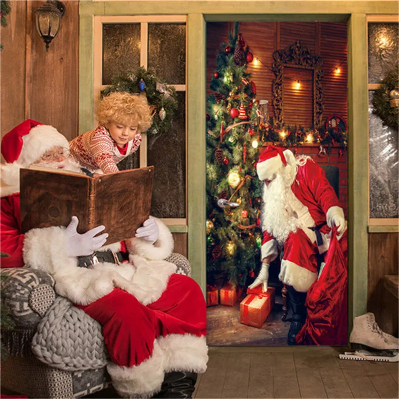 Navidad Árbol de la Puerta del PVC Pegatinas de Pelar y pegar papel Tapiz de las Puertas 3D Impermeable de Diseño para el Hogar Decoración de Santa Claus Mural de Calcas Para la Habitación de los Niños 1