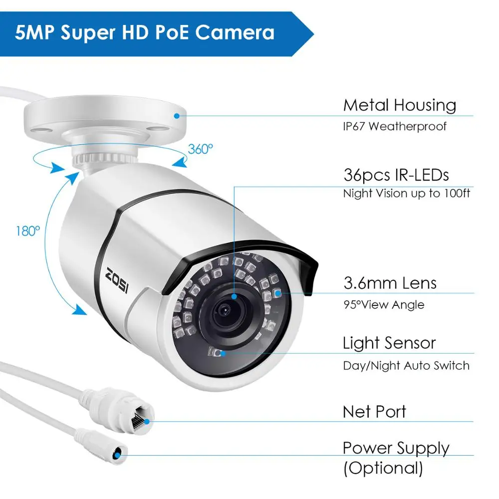 ZOSI 1080P HD IP POE de la Cámara de 2MP de la Bala del CCTV de la Cámara IP POE NVR Sistema al aire libre Impermeable de la Visión Nocturna 1