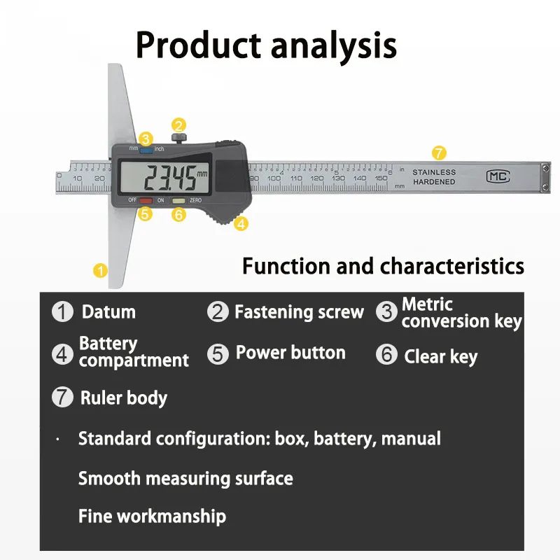 De alta precisión electrónica digital medidor de profundidad 0-150 0-200 0-300 mm profundidad vernier calibrador de acero inoxidable pinzas de metalurgia 1