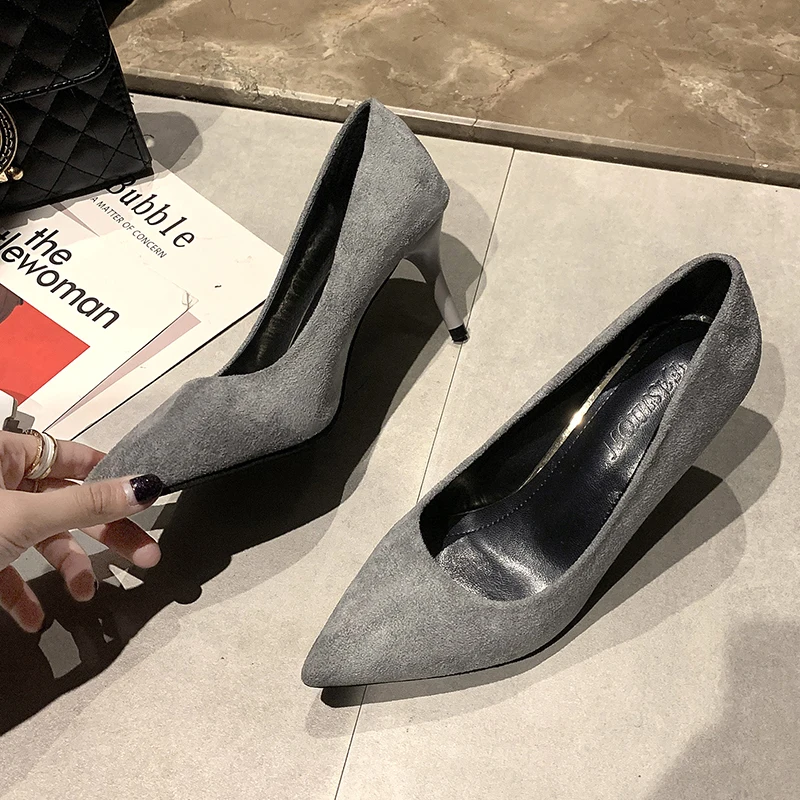 2020 de la Nueva Llegada de corea Concisa Punta del Dedo del pie de la Oficina de Zapatos de las Mujeres de la Moda de Sólidos Rebaño Superficial Tacones Altos Zapatos de las Mujeres 1