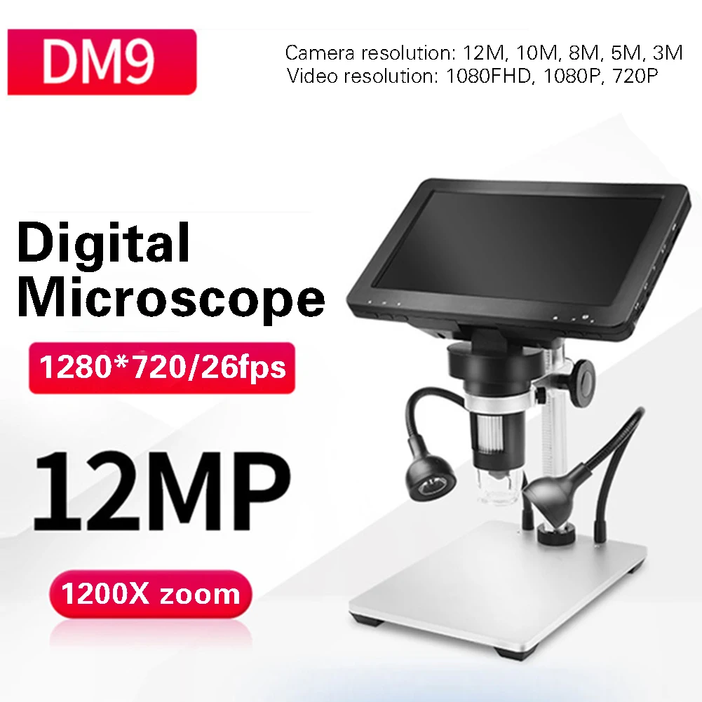 1600X DM9DDB Microscopio Digital de 7 pulgadas de Pantalla Ajustable 1080p Full HD de la Cámara USB Microscopio Digital con 8 Dimmable LLEVÓ Luces 1
