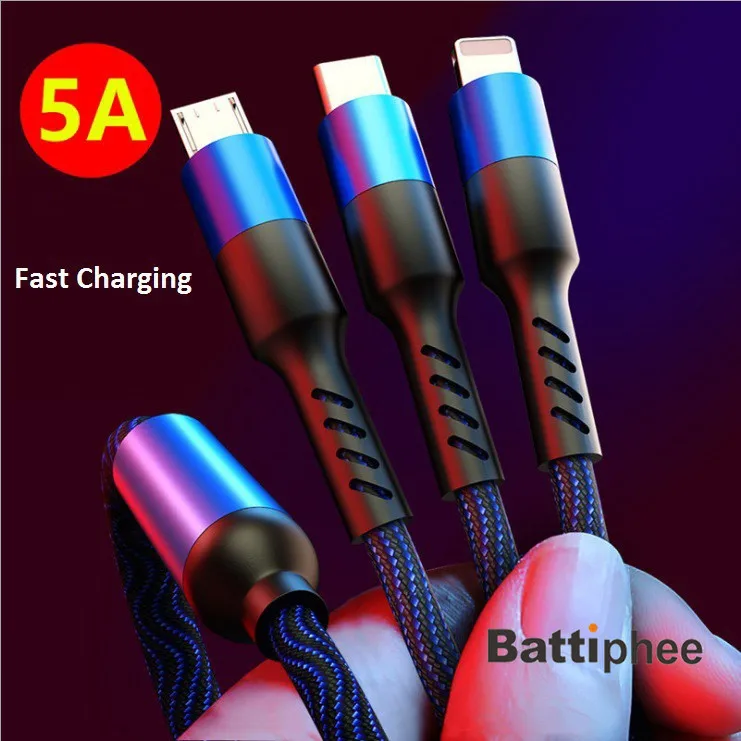 Battiphee 3 En 1 Rápida Cable de Carga 5A Nylon Cable de Carga de 1,2 Metros para Android iOS de Tipo C 1