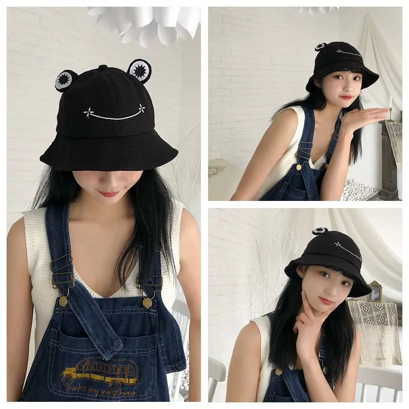 De las nuevas mujeres casual de algodón lindo adorable bucket hats Chica estudiante sonrisa Feliz de la rana bordado pescador sombreros de Panamá tapa de gorros 1