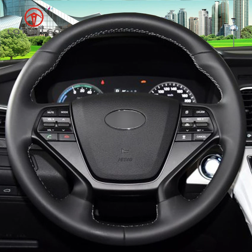 LQTENLEO Negro Artificial de Cuero cosida a Mano de Coche de la Cubierta del Volante para Hyundai Sonata 9 2016 2017 (4 Radios) 1