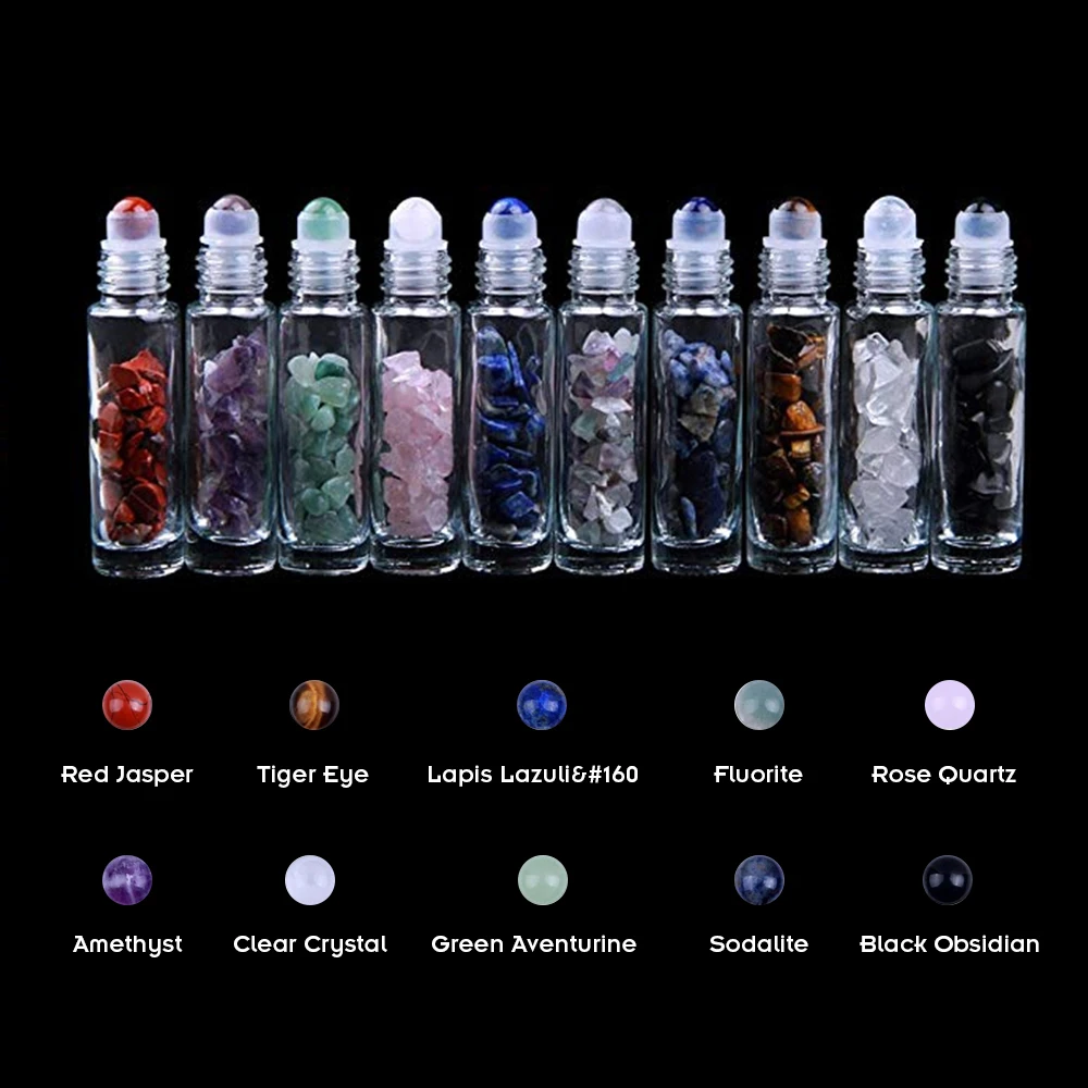 10pcs Natural de la piedra preciosa Semi del Aceite Esencial de Bolas de Rodillos Botellas Transparentes de Perfume de Cristal de las Botellas de Cristal Curativo Chips de 10ml 1