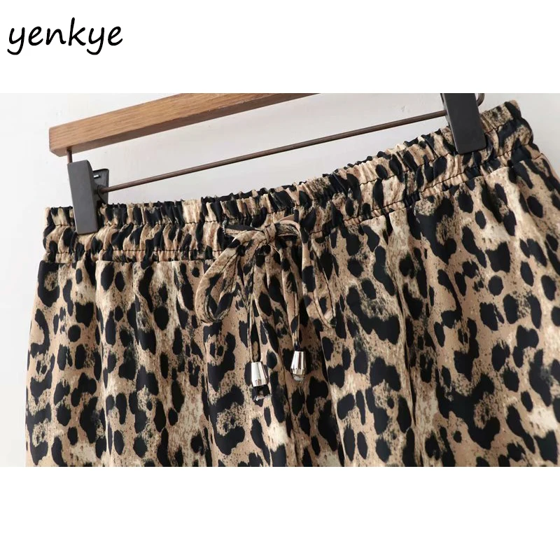 Vintage Leopard Pantalones de las Mujeres de Cordón de Cintura Alta del Deporte Casual Pantalones de Señora, Ropa de Raso Largo de los Pantalones de Verano pantalon femme 1