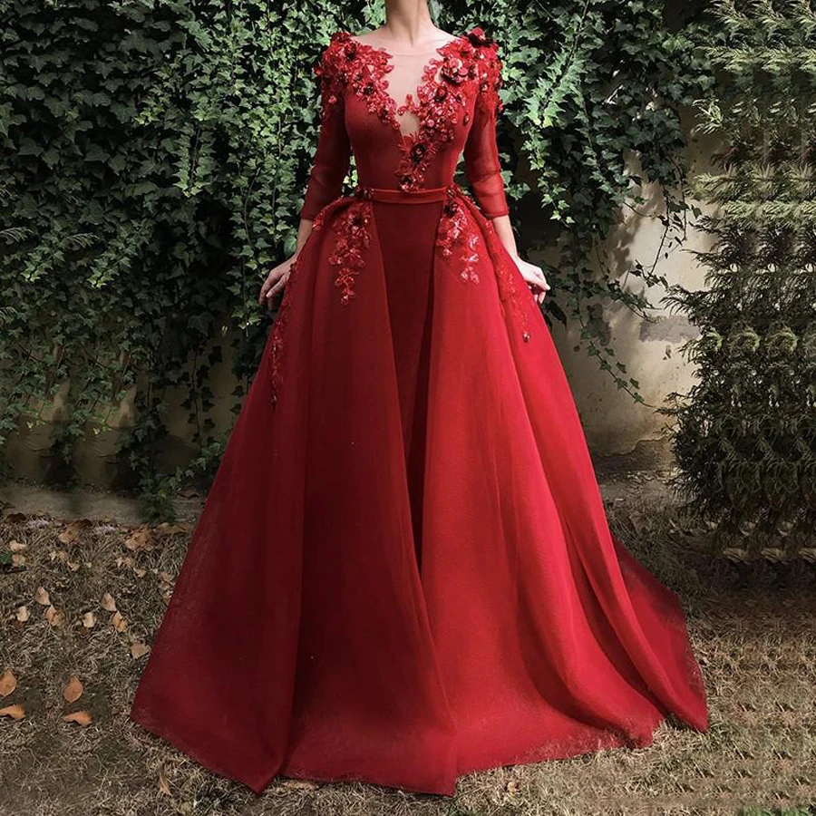 2020 Rojo Elegante de Cuello redondo de Encaje Vestidos de Noche con Mangas Largas, Apliques en 3D Floral de la Longitud del Piso de la Noche Vestidos de Baile de promoción Con Sobre Falda 1