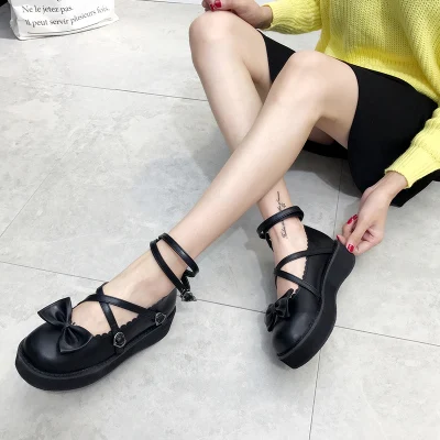 Dulce Japonés Lolita Princesa De Los Zapatos De Vendaje Lindo Moño Bajo El Talón De Cabeza Redonda Negra Plana Zapatos De Plataforma 1