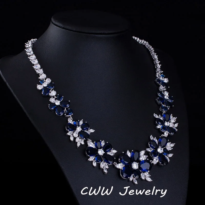 CWWZircons Azul CZ de la Joyería Nupcial Gran Cubic Zirconia Piedra de Flores de la Boda Gargantilla Collar Aretes Conjuntos Para las Mujeres T153 1