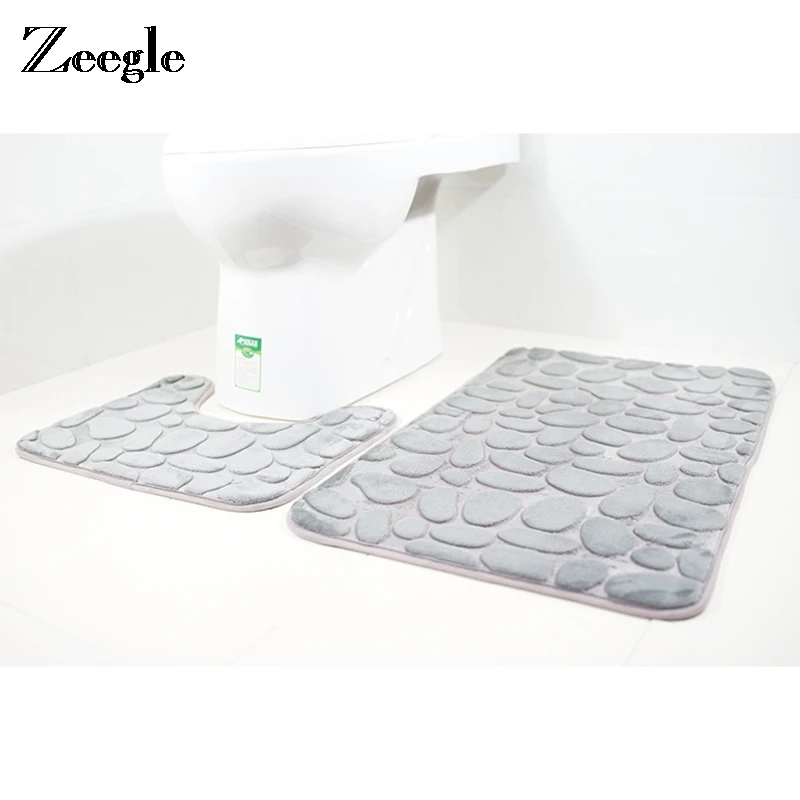 Zeegle 3D de Piedra en Relieve 2pcs alfombra de Baño de ajuste Anti-slip de Baño Esteras Absorbentes alfombra de Baño Set de Baño de la Manta de Franela forma de U Mat 1