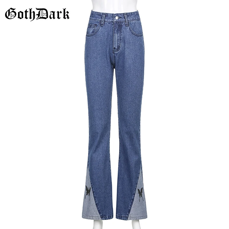 Goth Oscuro Y2k Estética Gótica Flare Jeans E-Chica Flaco De Cintura Alta Del Mosaico De Los Pantalones De Las Mujeres Ropa De La Mariposa De Impresión Pantalones 1