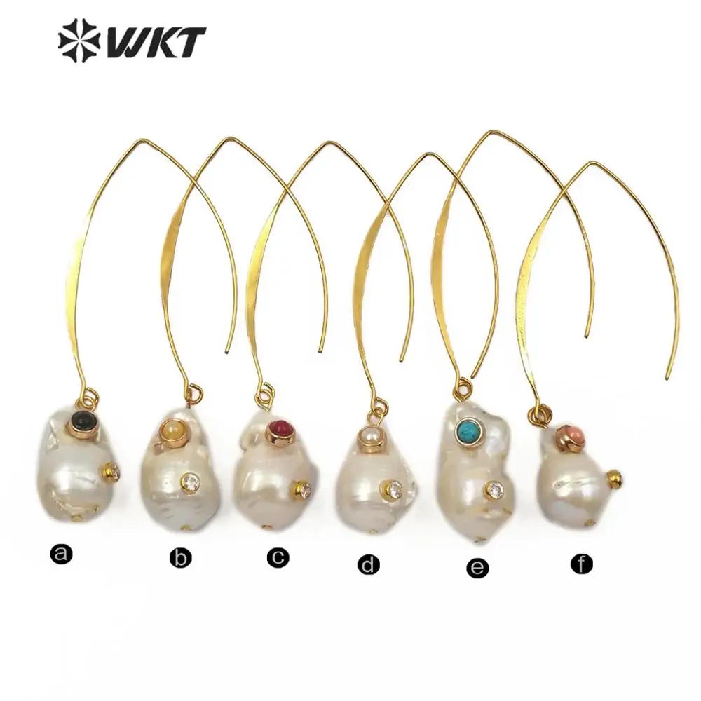 WT-E527 Barroco de la Perla del Pendiente de la Perla Blanca Con Doble Joya piedras del Encanto de las Mujeres de la Oreja de Alambre del Pendiente Natural de la Perla del Pendiente de la Joyería 1