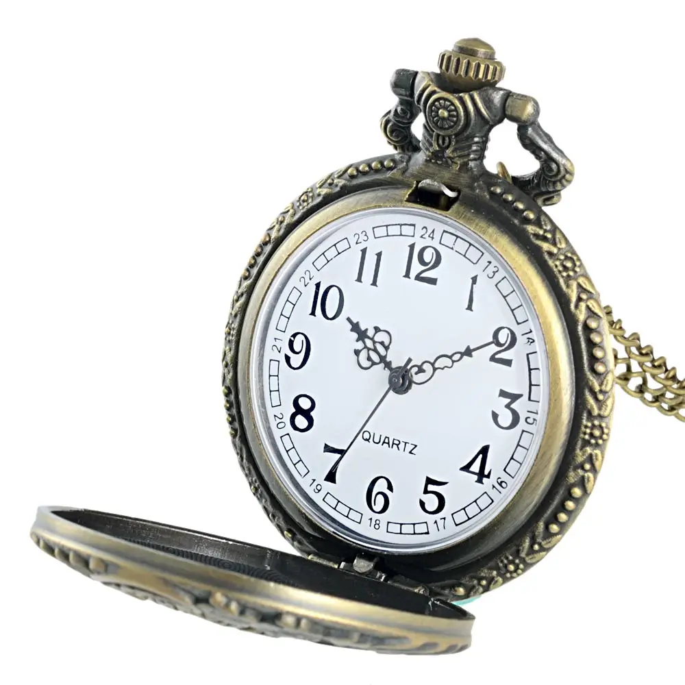Vintage De Bronce De Tren Con Encanto Tallada Abrir Hueco Steampunk Reloj De Bolsillo De Cuarzo De Los Hombres De Las Mujeres Collar Colgante De Reloj De Regalos 1