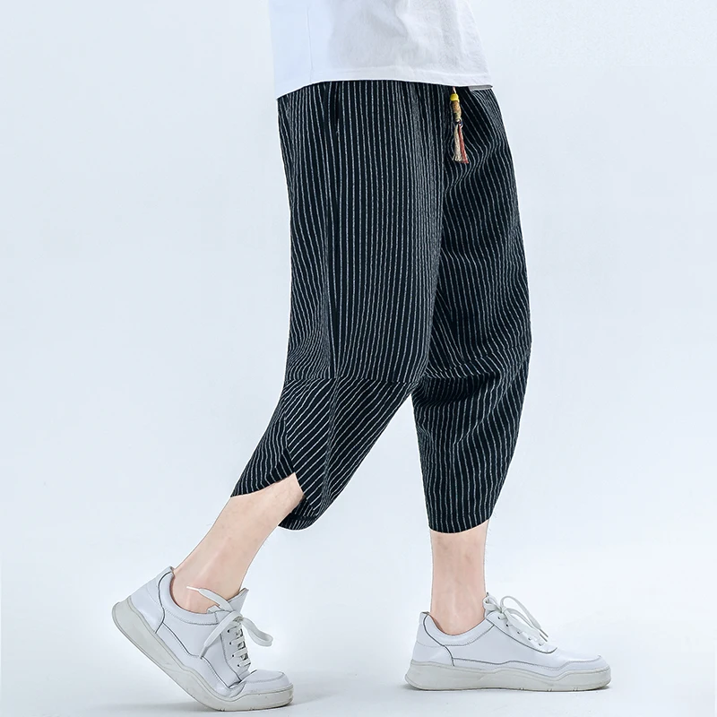 De los hombres casual suelto rayas recortada pantalones de verano de 2020 personalidad con cuentas cintura elástica estilo Chino de algodón de lino pantalones casuales 1