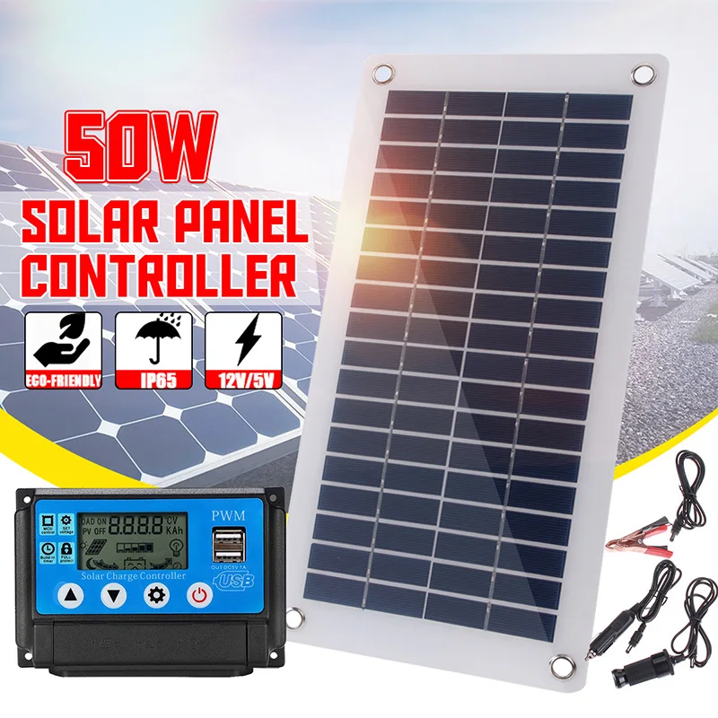 50W Panel Solar de Doble Salida USB de Polisilicio de Silicio Solar Panel de 10/20/30/40/50A Controlador Solar para el Coche Yate de Cargador de Batería 1
