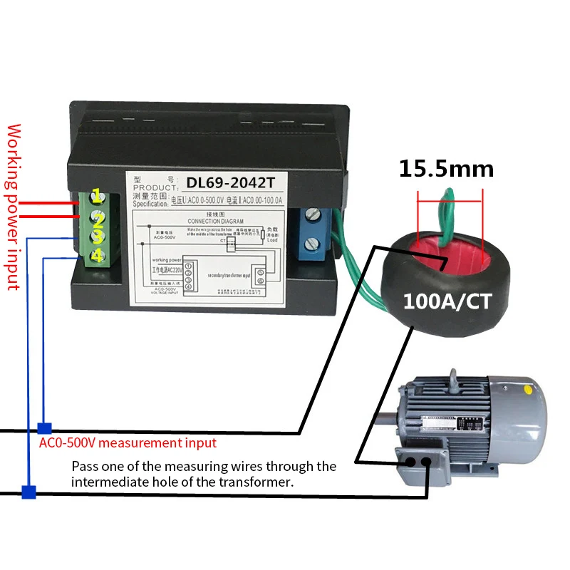DL69-2042T de CA de 100 A 0-500VA de la pantalla LCD digital amperímetro amperímetro de precisión de alta con el rojo, el verde de la fuente de trabajo voltaje de 110V 220V 1