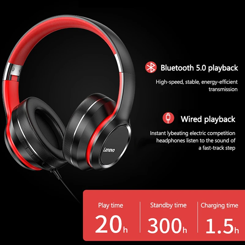 Lenovo HD200 Bluetooth Auriculares Sobre oreja Plegable Equipo Inalámbrico de los Auriculares de Cancelación de Ruido HIFI Stereo Gaming Headset 1