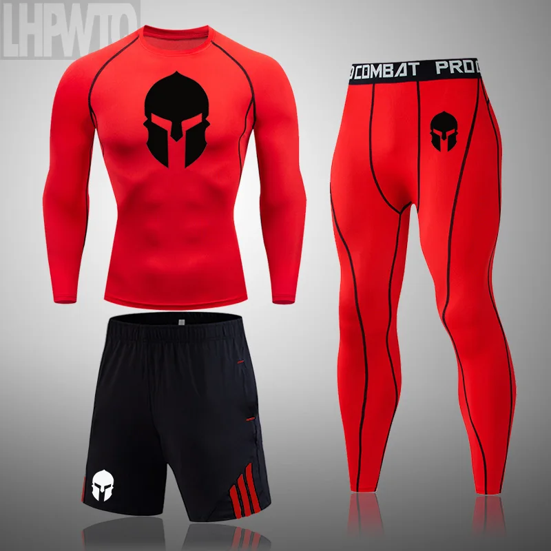 Ejecuta Conjunto de Hombres Spartan Compresión Traje de MMA de la capa de Base de Licra Kit de Entrenamiento de Gimnasio Polainas T-Shirt de 3 piezas de Chándal de los Hombres 1