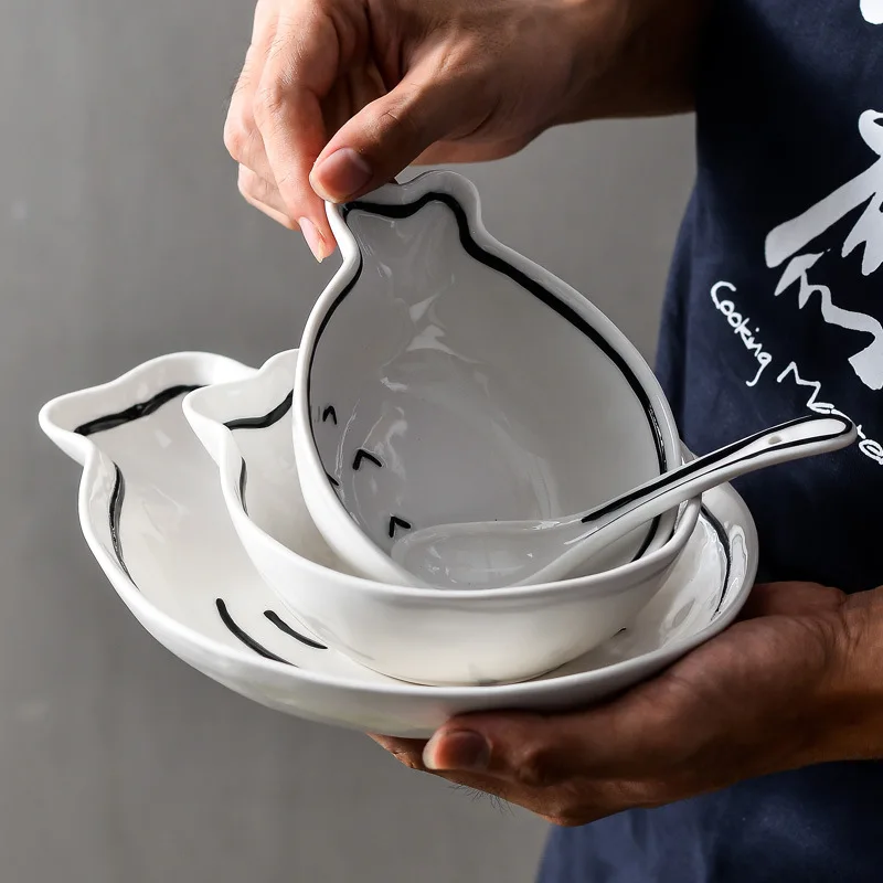 Vajillas de cerámica Simple Creativo de dibujos animados Lindo Gato y Fish Bowl de la Placa de la Casa del Estudiante de los Niños utensilios de Cocina 1