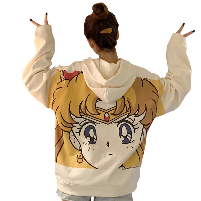 Harajuku Sailor Moon De Impresión De Dibujos Animados Con Capucha De Las Mujeres Suelto Casual Lindo Bolsillo Del Jersey De Manga Larga Tops Ropa Streetwear Sudadera 1