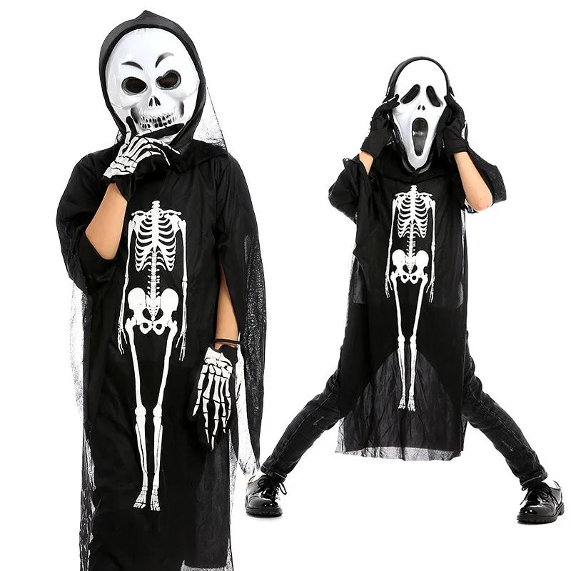 Halloween Padre-Hijo Disfraz de Bruja Cráneo de Terror Juego de Rol para Niños Traje con máscara /blanco hueso guantes 1