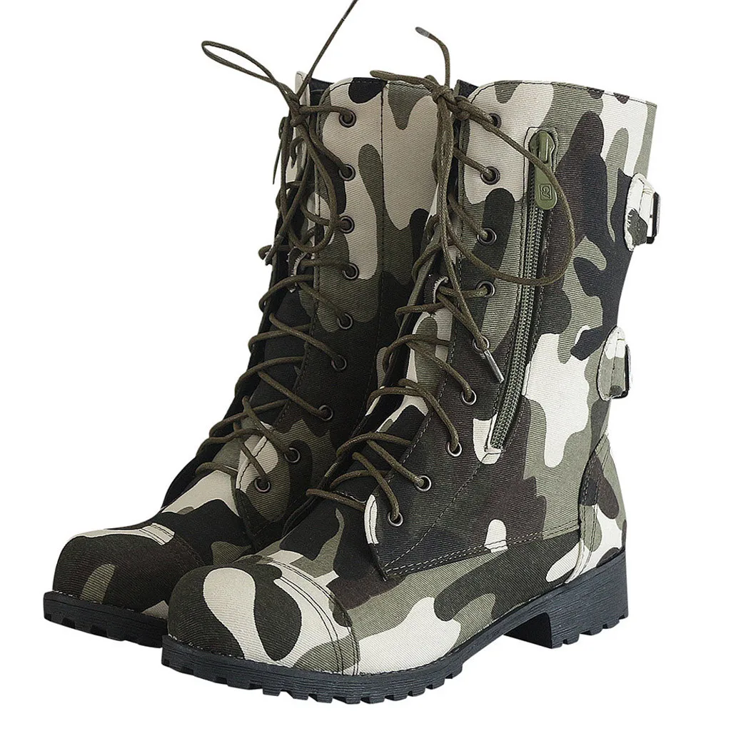 SAGACE de invierno para Mujeres zapatos planos forro de correas de tobillo de camuflaje de combate militar casual camuflaje de tacón bajo las botas de combate 1