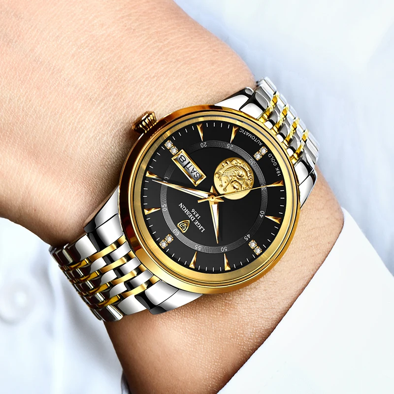 2020New LIGE los Hombres Reloj de la parte Superior de la Marca de Lujo de Oro de Negocio de los Relojes Mecánicos De los Hombres de Acero Inoxidable 100M Impermeable Reloj Automático 1