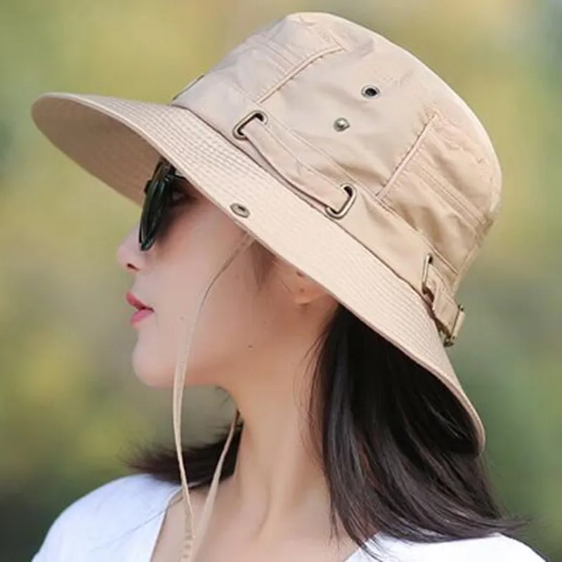 XdanqinX Plegable Adulto Señora de Verano de Algodón Transpirable Bucket Hats Viento Cuerda Fija Ajustable protector solar de Protección UV Sombrero para el Sol 1