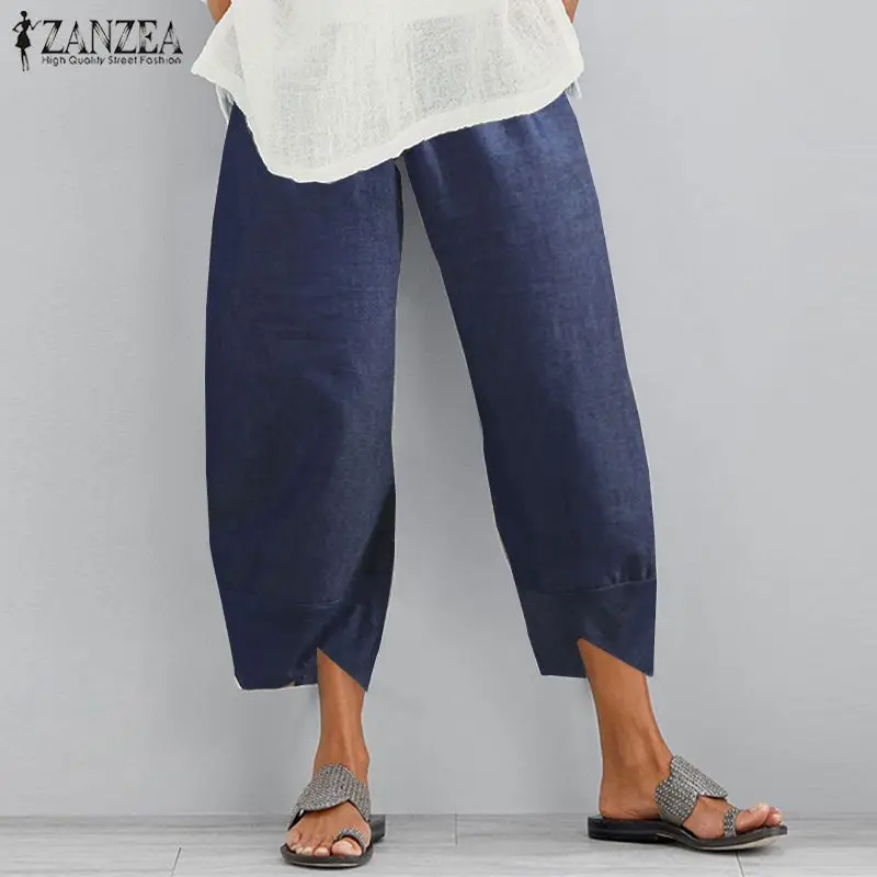 Más el Tamaño de las Mujeres del Dril de algodón Pantalones de color Azul ZANZEA 2021 Elegante Primavera arem Pantalones de Cintura Elástica Pantalon Mujer Casual Sólido Nabo 1