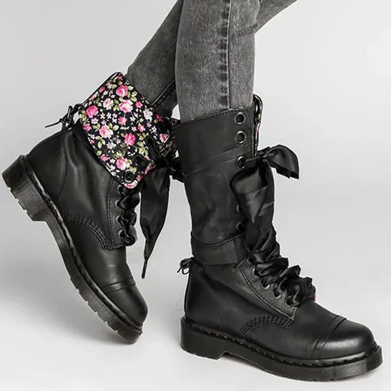 La moda de Botas para Niñas Primavera/Otoño Cuñas Suela Resistente a mitad de la Pantorrilla Botas de Mujer Encajes Sólidos Casual Zapatos de las Mujeres de 2020 1