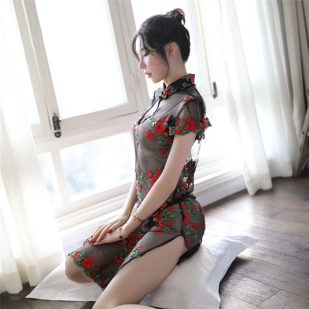 Mujer Sexy Lencería De Estilo Chino Cheongsam Vestido Bordado HollowOut Split Falda Vendaje Qipao Chica Pijamas Camisón Vintage 1