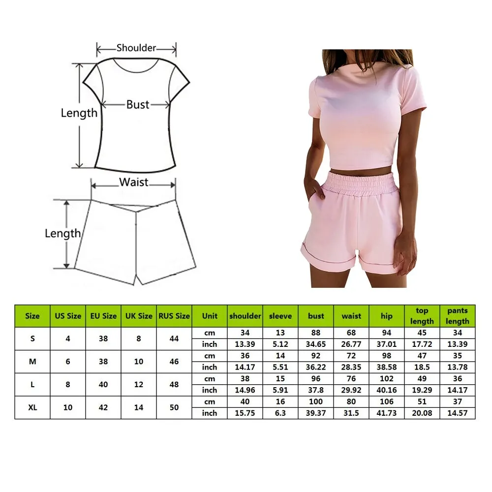 Mujer 2-Pieza Set Acogedor Deporte de Fitness Conjunto de Color Sólido Cuello Redondo de Cultivos de Corta camiseta de Manga Corta Pantalones de Cintura Alta del Conjunto 1