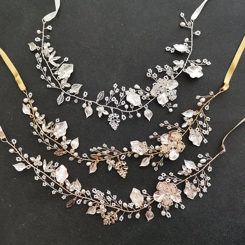 SLBRIDAL Perlas de Flores de diamantes de Imitación Claros de la Hoja de Oro de Pelo de la Boda de la Vid Diadema Tocado de Novia Accesorios para el Cabello de las Mujeres de la Joyería 1