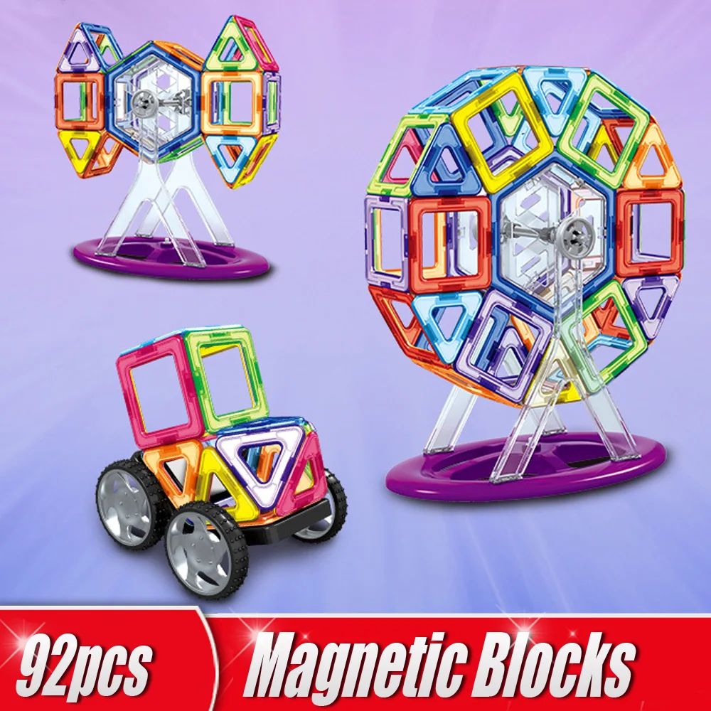 92pcs/Conjunto de Gran Tamaño Magnético Bloques de Construcción de la Noria de Ladrillo Diseñador de Iluminar Ladrillos Magnético Juguetes a los Niños de Regalo de Cumpleaños 1