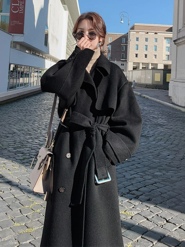 De Longitud mediana Negro Abrigo de Lana de las Mujeres 2020 Nuevo Invierno coreano Estilo Hepburn Grueso de la Moda Clásica de Cachemira Abrigo Casaco Feminino 1